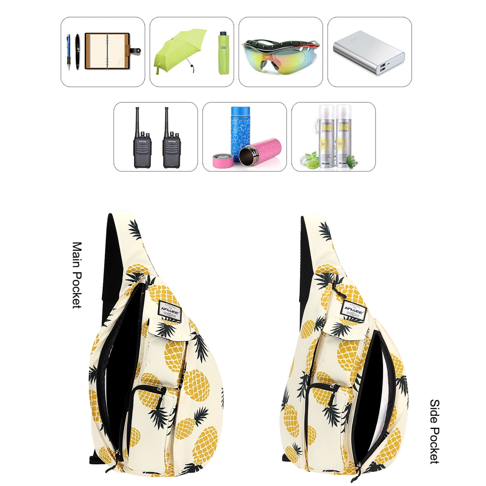 HAWEE Sling Bag for Women Crossbody Daypack Waterproof Fabric Shoulder Bags, Pineapple