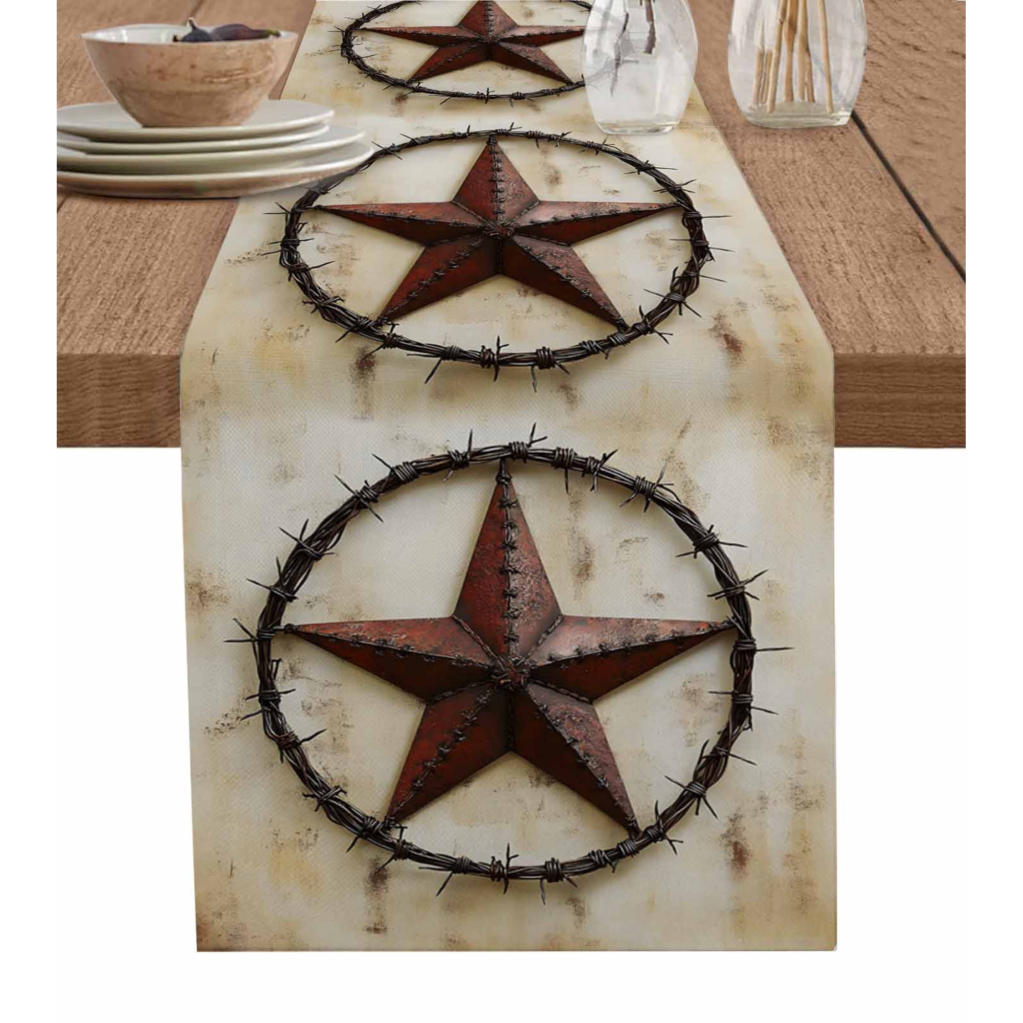 Boanket Texas Star Retro Table Runner - 108 Inch Long Kitchen Dining Table Runner Dresser Scarves Country Stars Farmhouse Brown Vintage Farmhouse Decor for Coffee Tables Wedding Party Banquet