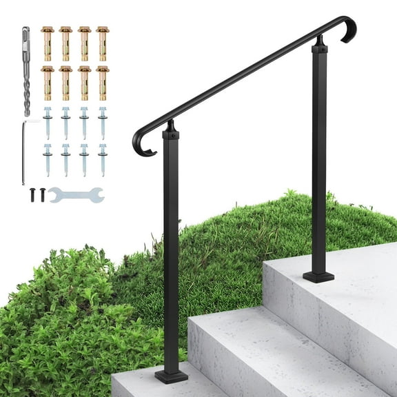 VEVOR Handrails for Outdoor Steps, 2-3 Step Adjustable Height, Carbon Steel Transitional Handrail with Installation Kit, Exterior Hand Railing for Steps, Concrete or Wooden Stairs, Porch, Matte Black