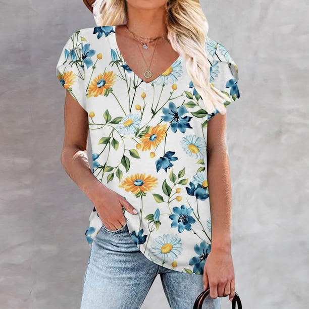 Fiudx Camisas para Mujer Blusa Informal de Manga Corta con Cuello En V y Estampado de Moda para Mujer