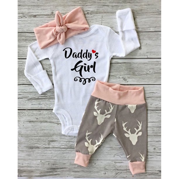 Newborn Baby Clothes Daddy's Girl Romper Bodysuit Playsuit+Deer Pants Outfit White 36 Months