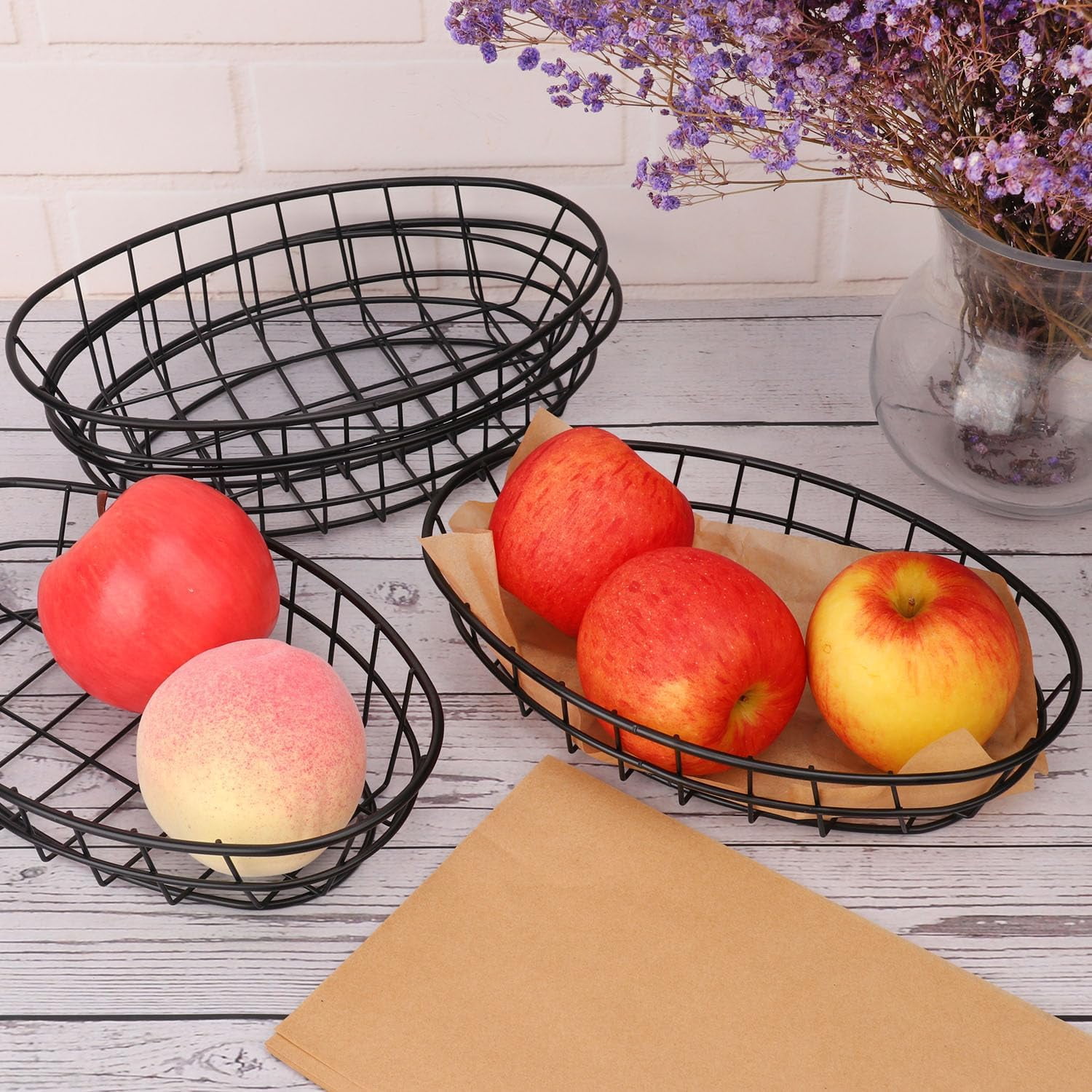 12 Pack Wire Bread Basket with 50 Sheets Deli Wrappers Paper, 9.65 x 6.1 x 2.17 Inch Metal Oval Bread Basket for Food & Fruit Serving – Durable Black Wire Baskets for Home & Kitchen