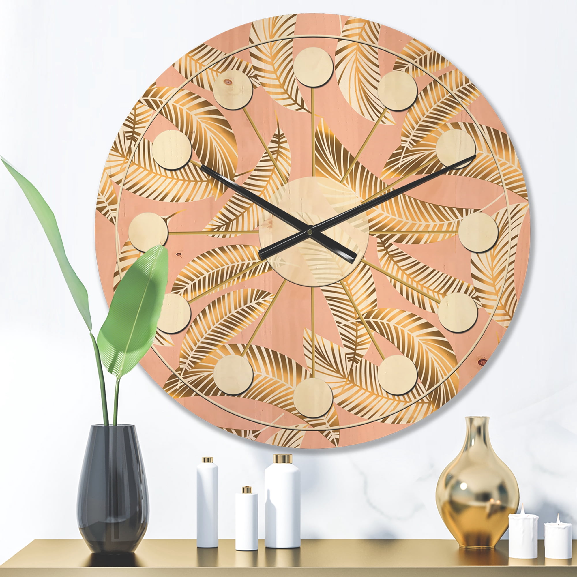 Designart 'Retro Golden Foliage IV' Mid-Century Modern Wood Wall Clock