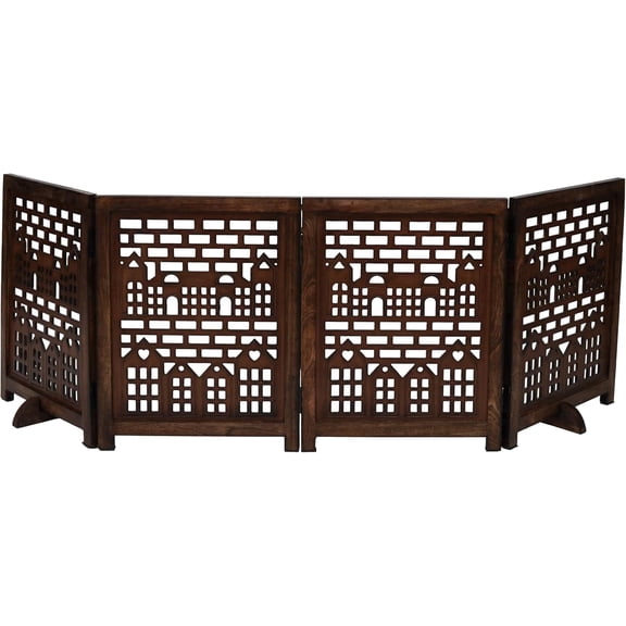 The Wooden Town Freestanding Pet Gate for Dogs, Foldable 4-Panel Wooden Dog Gate, 72" w x 18" h, Burnt Finish, Indoor Use