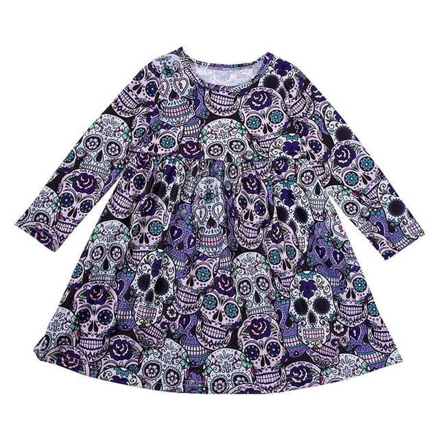 FYDUU Robe de Fête d'Halloween pour Filles à Imprimé, Manches Longues, Tenue de Jeu pour Tout-Petits, Tenue Décontractée pour Enfants, Robes Décontractées, Robe d'Été, Vêtements Mignons pour Enfants 12-18 Mois