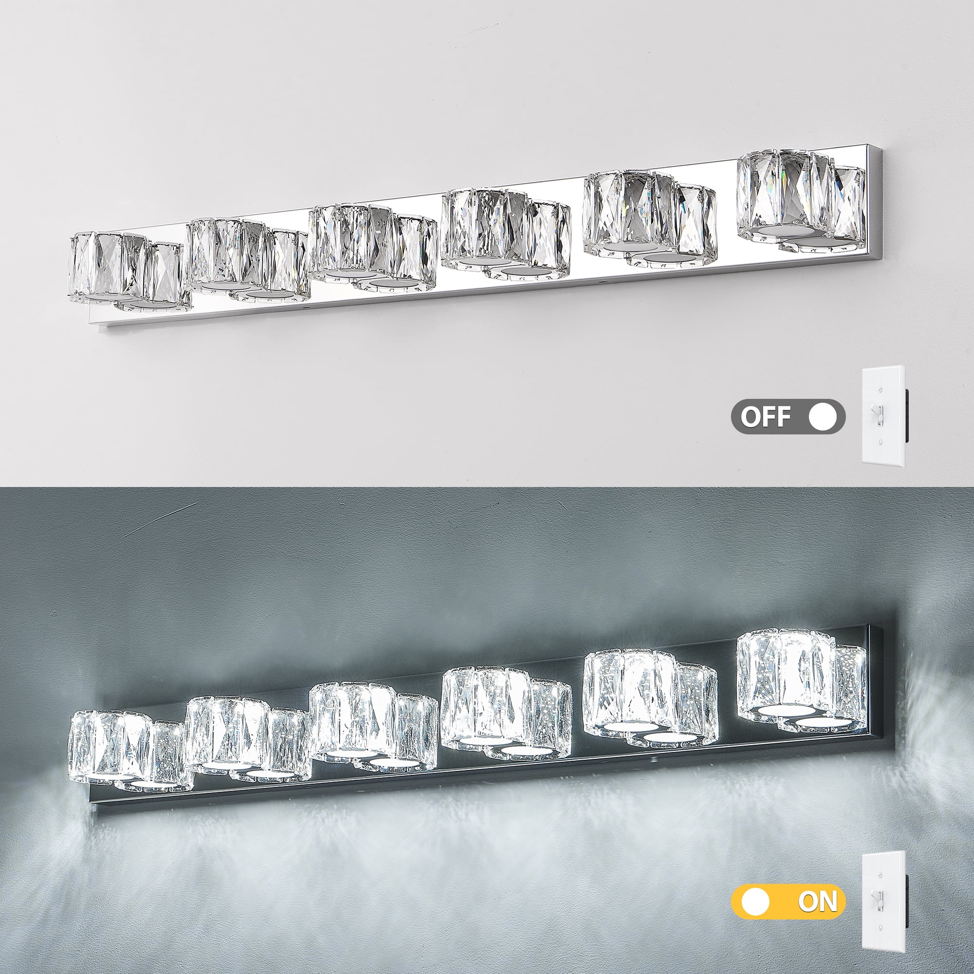 6 Lights Bathroom Crystal Modern Vanity Light 40.9in Vanity Lights for Bathroom - Dimmable LED Over Mirror Cool White Light Bath Light Fixtures Chrome