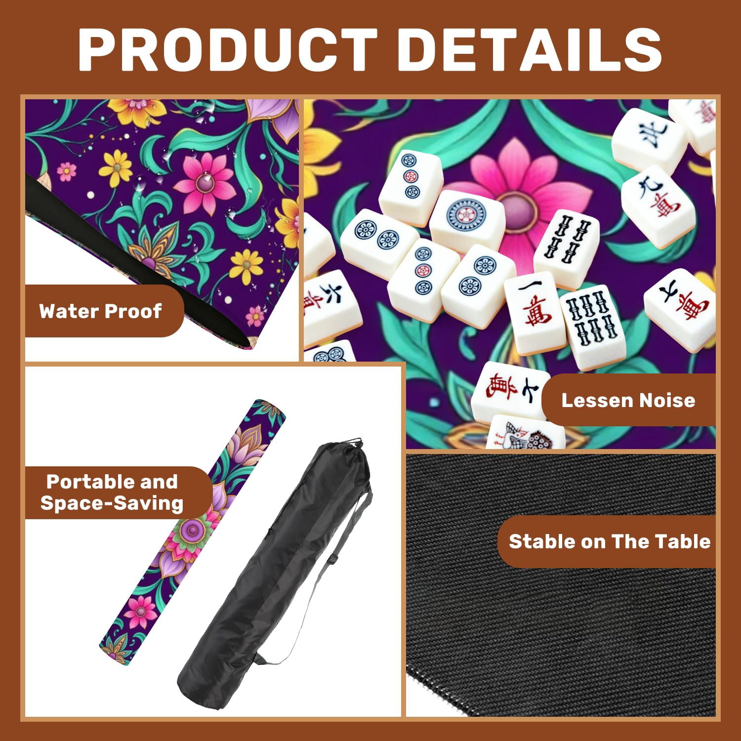 Mahjong Mat 31.5" x 31.5" Abstract geometric tiled ethnic seamless ornamental Design Non-Slip Noise Reduction American Mahjong Tiles Table Cover for Dominoes Poker Card Board Games Gift