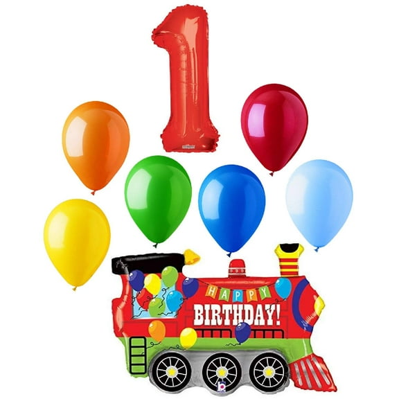 #1 Train Choo Choo 8 Piece Happy 1st Birthday Mylar and Latex Balloons Set