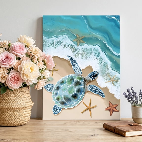 Canvas Wall Art, Ocean Turtle Framed Canvas Prints for Living Room Bedroom, Gradient Turquoise Wave Starfish Beach Large Gallery Wrapped Wall Decor for Home Office, Gifts, 16"x20" Ship Next Day