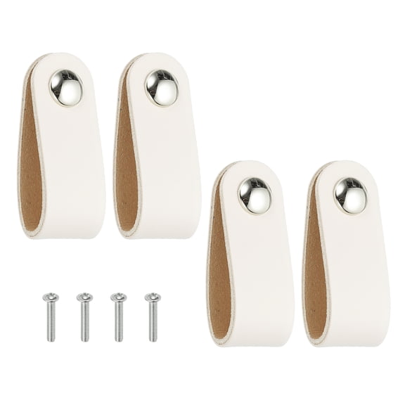 Uxcell Leather Drawer Pulls, Leather Handle Single Hole Cabinet Dresser Knobs with Screws, White 4 Pcs