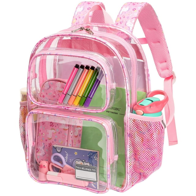 Mochila Bagseri Clear para niñas con diseño de unicornio rosa de 15 pulgadas
