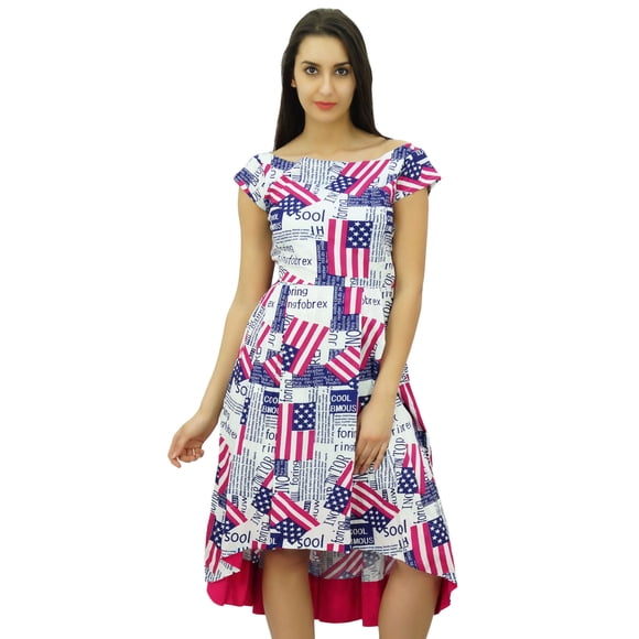 Bimba Women's Newspaper Print Asymmetrical Shift Dress Short Sleeve Boat Neck Rayon Dress