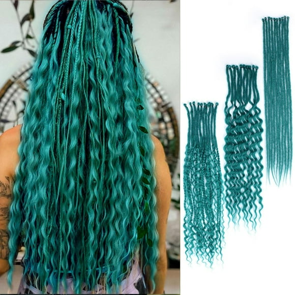 Lounoke 24 Inch 30 Strands SE Dreadlock Extensions Sets?3 In 1 Mixed Synthetic Dreads Extensions, Castleton Green Straight&Curly&Boho Handmade Dreads Hippie Style Dreadlocks for Wo
