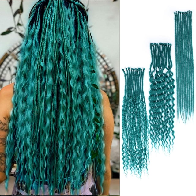 Lounoke 24 Inch 30 Strands SE Dreadlock Extensions Sets?3 In 1 Mixed Synthetic Dreads Extensions, Castleton Green Straight&Curly&Boho Handmade Dreads Hippie Style Dreadlocks for Wo