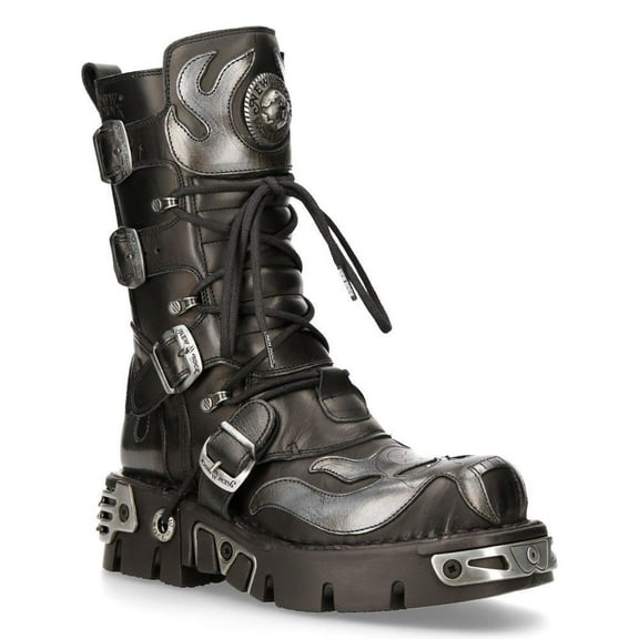 New Rock 107-S2 Black/Silver Gothic Leather Flame Boots 36