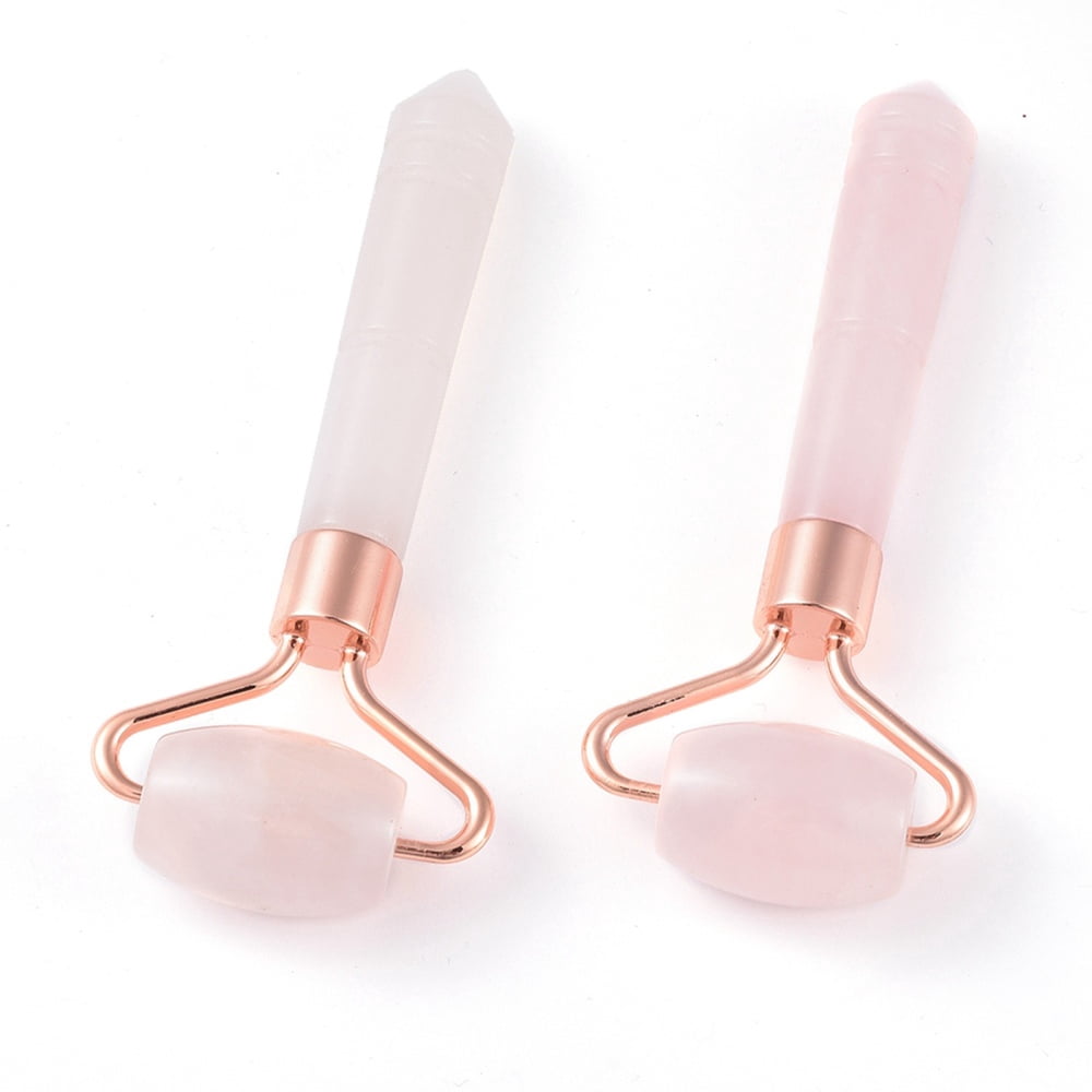 5pcs Rose Quartz Massage Tools Facial Rollers with Brass Findings Rose golden 95x40x18mm