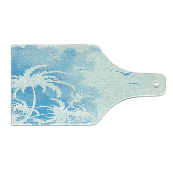 Exotic Cutting Board, Island Palm Trees Abstract Design with Birds Watercolor Background Art, Decorative Tempered Glass Cutting and Serving Board, Wine Bottle Shape, Sky Blue and White, by Ambesonne