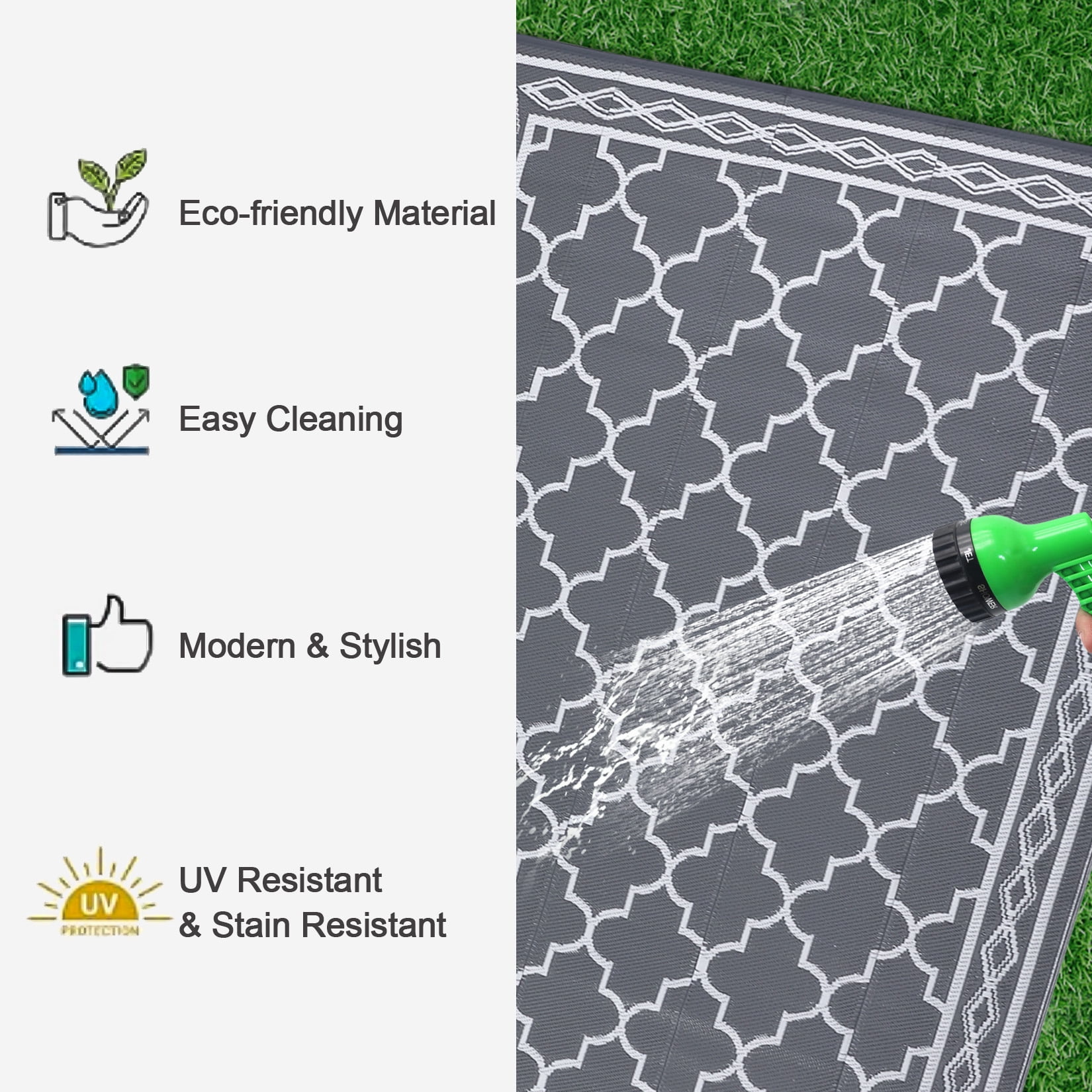 GlowSol 10' x 14' Outdoor Rug Plastic Patio Rug Woven Plastic Straw Waterproof Rug Moroccan Reversible Camper Rug for RV Backyard Deck Picnic Beach, Gray