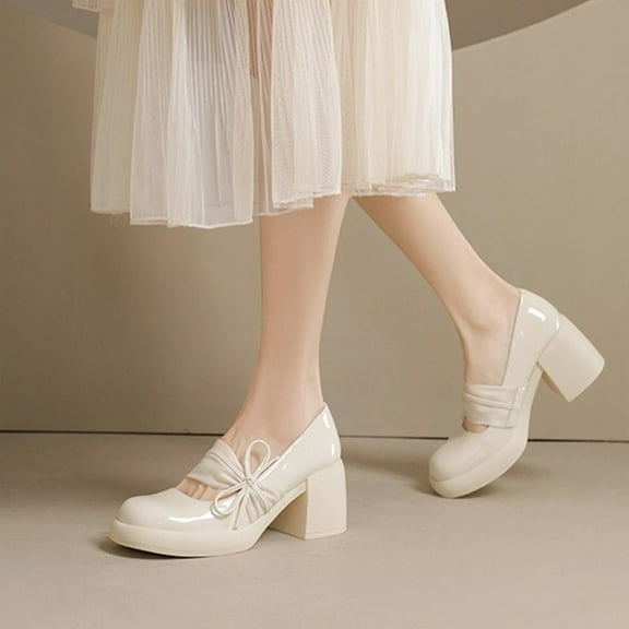 Weloille Chunky Heel Patent Leather Casual Single Shoes Fashionable And Elegant Women's Lace Flowers Bow High Heels Round Toe Patent Leather High Heels