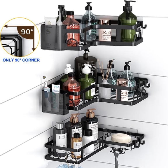 5 PCS Corner Shower Caddy, No Drilling Stainless Steel Shower Storage Rack with Hooks & Toothpaste Holder for Bathroom, Black