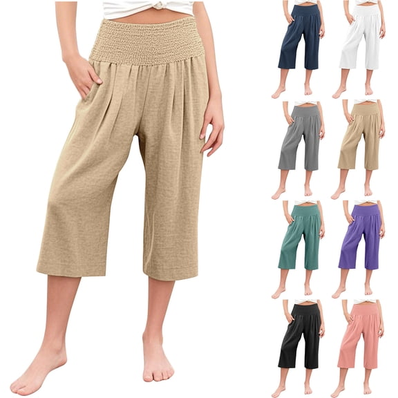 Asxite Toddler Girls Pants Solid Linen Wide Leg Cropped Pocket Elastic Waist Breathable Sweatpants 2-12Y