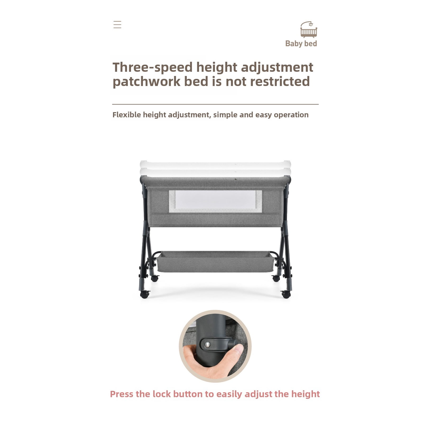 Baby Bassinet, Bedside Bassinet for Baby, 4 in 1 Portable Bedside Sleeper Rocking Crib with Wheels, Mosquito Net & Storage Basket, 6 Height Adjustable, Grey