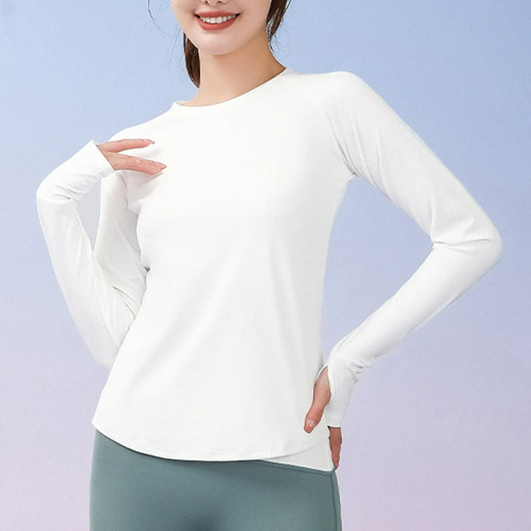 Hfyihgf Women's Long Sleeve Running Shirts with Thumbholes Stretch  Breathable Athletic Quick Dry Mesh Back Yoga Tops Workout T-Shirt(White,XL)