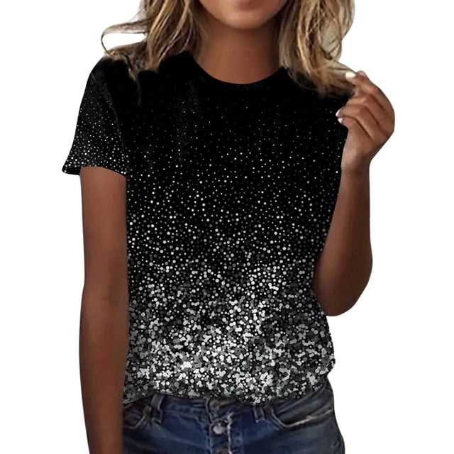TSADFHJI Chandails pour Femmes en Coton Mode Décontractée pour Femmes Dégradé à Paillettes Imprimé Col Rond T-Shirt Ample