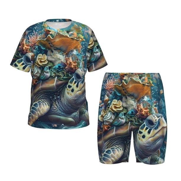 Fotbe Colorful Plant Turtle Pijama Estampada de 2 Piezas para Niños – Ropa de Dormir de Manga Corta Cómoda para Niños y Niñas, Camiseta y Shorts de Algodón-3X-Large