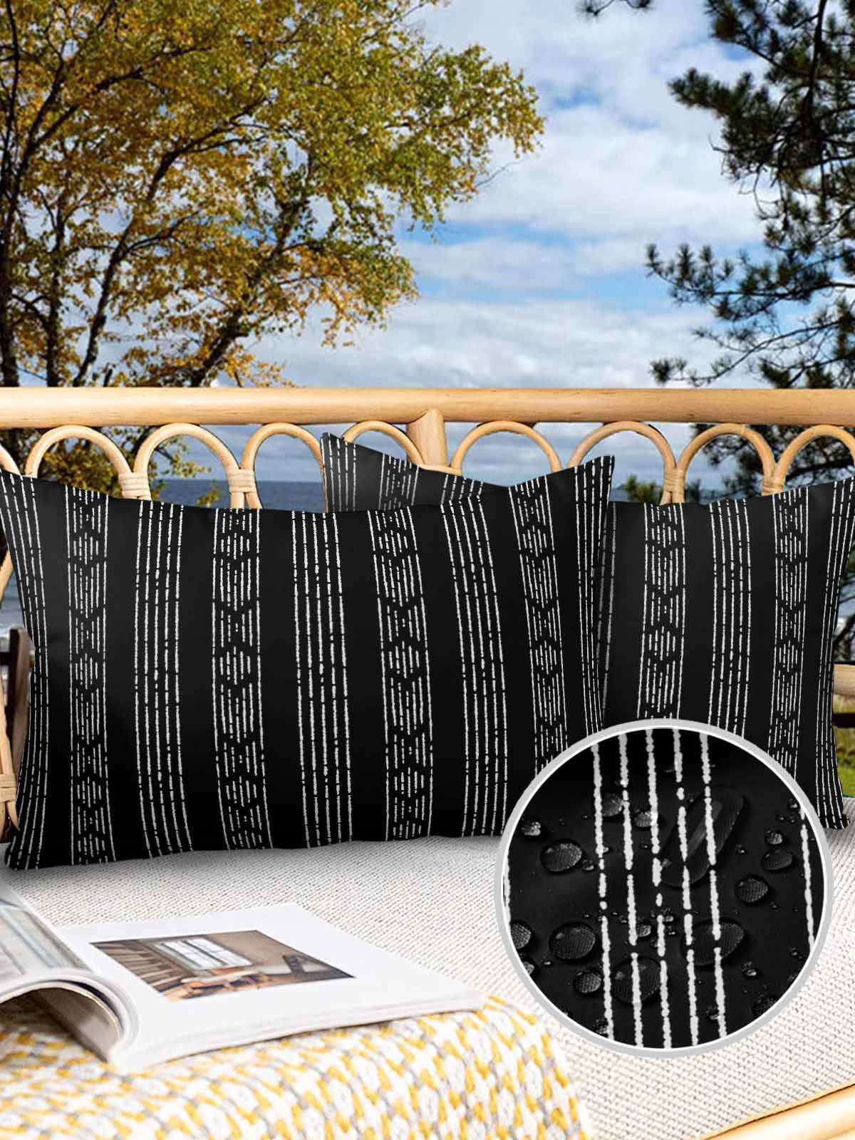 Outdoor Waterproof Throw Pillow Covers Set of 2 Black Boho Decorative Pillowcases Lumbar Outdoor Pillows Cushion Case 20x12 Inch Bohemian Style Stripes Patio Pillows for Couch Sofa Bed Garden