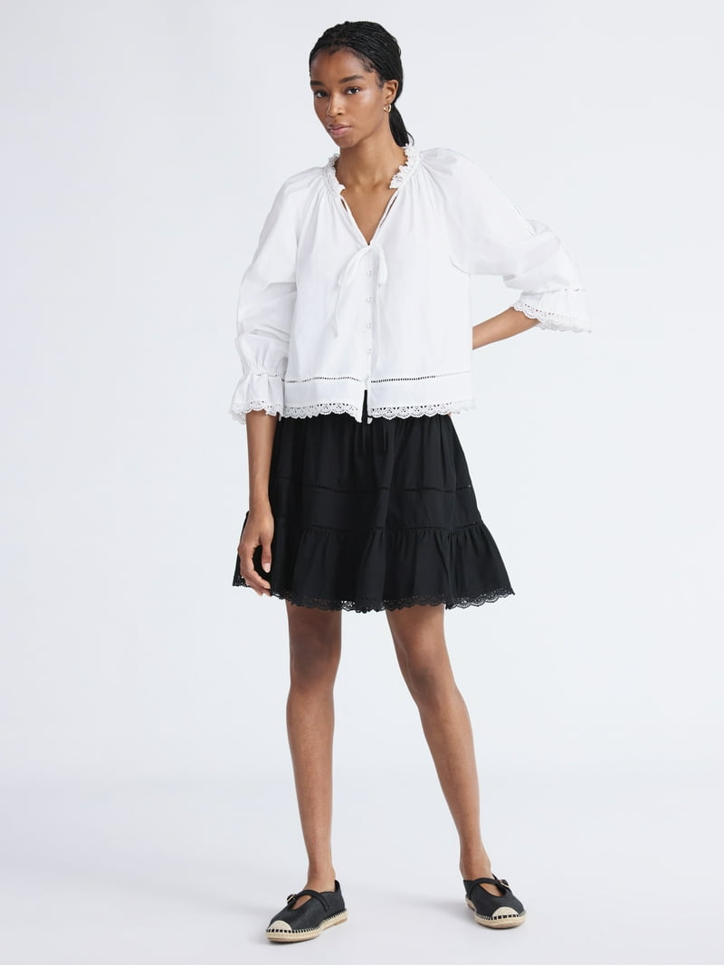 Free Assembly Women's Cotton Eyelet Ruffle Neck Blouse with Long