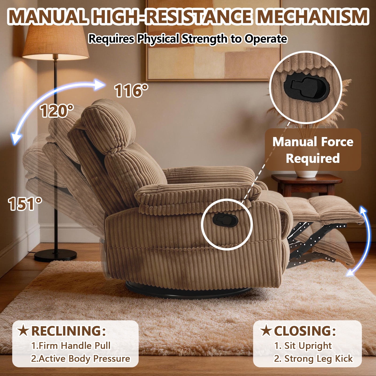 Leumius Swivel Recliner Chair,360° Swivel Rocker Chair for Living Room,Upholstered Nursery Glider Recliner Chair for Small Spaces,Manual Recliner for Adults for Home Theater,Brown