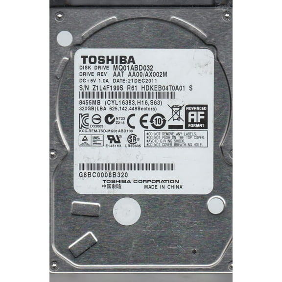 MQ01ABD032, AA00/AX002M, HDKEB04T0A01 S, Toshiba 320GB SATA 2.5 Hard Drive