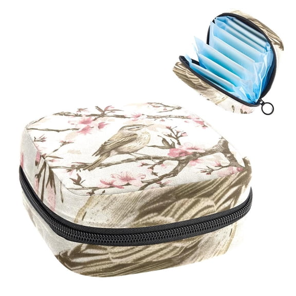 1Pc Cute Period Bag Menstrual Cup Pouch, Large Storage Bag Sanitary Purse for Sanitary Napkin Pads, Bird in Spring Cherry Blossom Pads Organizer for Girls Women