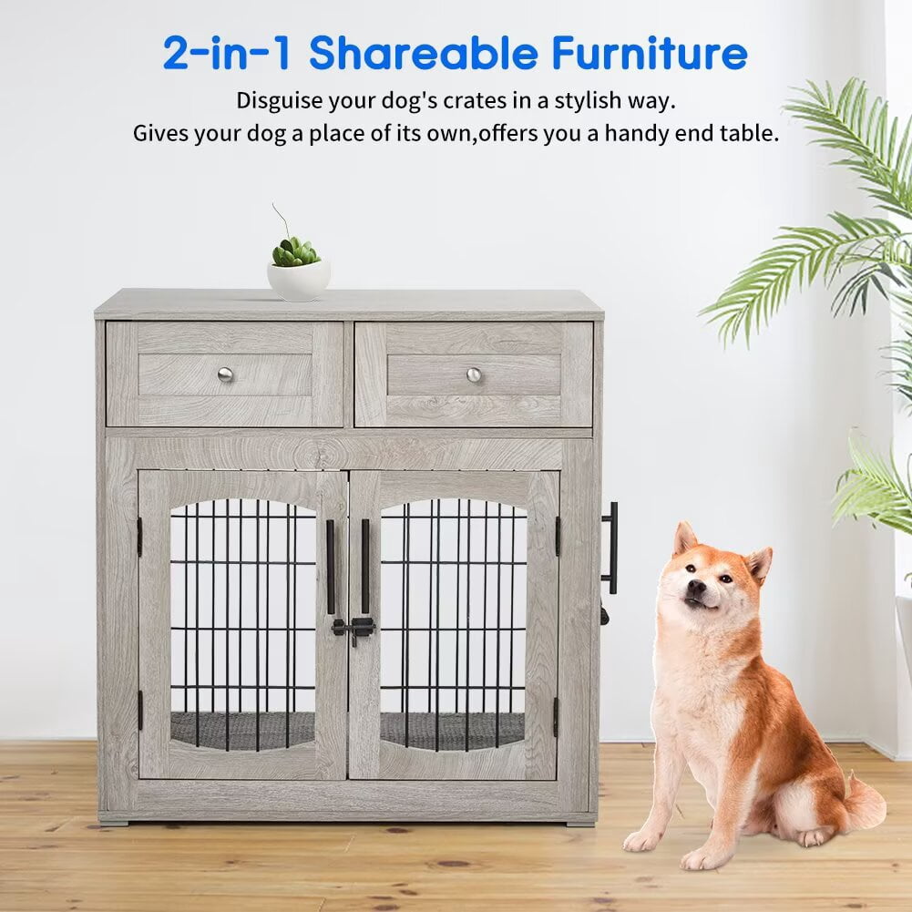 Large Dog Crate Furniture, 39.4" Wood Dog Kennel with Double Doors, Heavy Duty Dog Cage End Table with 2 Drawers, for Medium/Large Dogs, Rustic Gray