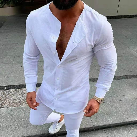 Men's Fashion Linen Shirt Long Sleeve Solid Color Slim Cardigan Blouse Summer Ethnic Beach Yoga Top