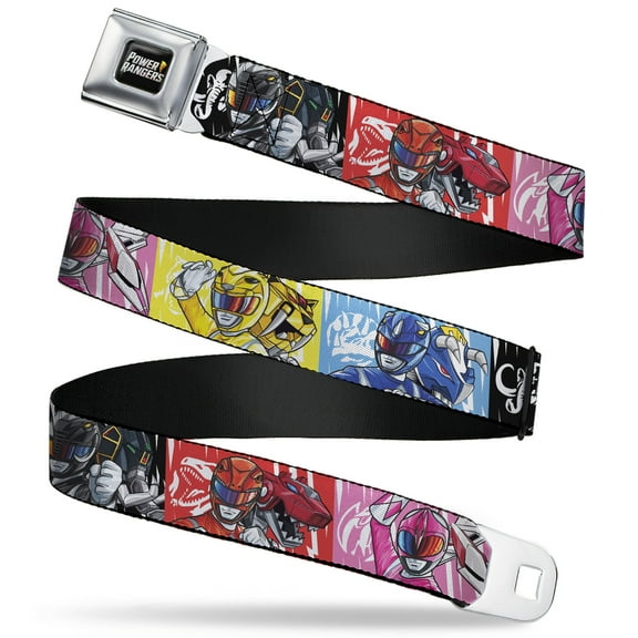 Power Rangers Belt, Seatbelt Buckle Belt, Power Rangers Pose With Zord and Icon Blocks Multi Color, 30 to 44 Inches