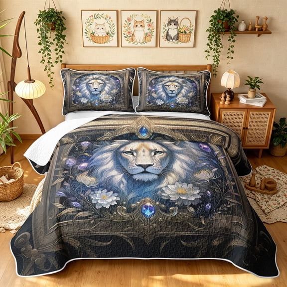 Manfei Woodland Lion Twin Quilt Set, Vintage Boho Western Twin Coverlet Set, Blue Brown, Polkadot Reversible, 2-Piece, 1 Bedspread and 1 Pillowcase