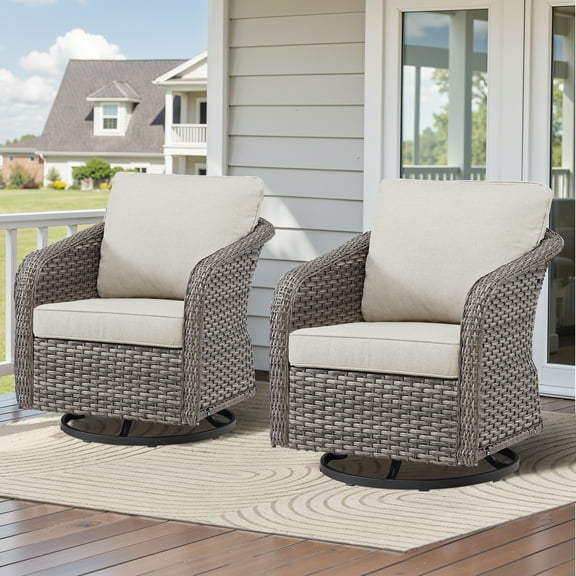 Outdoor Swivel Chairs Set of 2, Rattan Patio Rocker Glider Chairs with Beige Cushions for Porch Balcony Deck Poolside