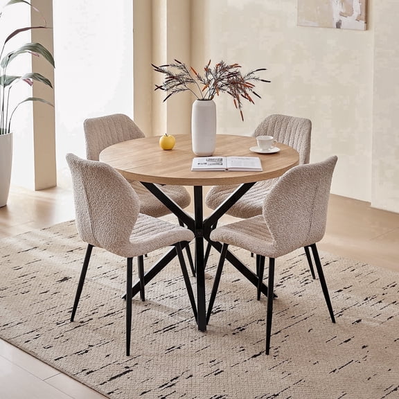 39" Round Dining Table Set for 4, Mid Century Kitchen Table with 4 Beige Upholstered Dining Chairs for Apartment Living Room Space Saving,Natural Table
