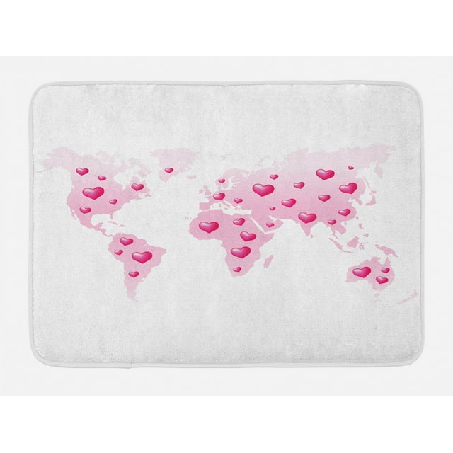 Princess Bath Mat, Global Peace Theme World Map Dotted With Hearts Love Planet Earth, Non-Slip Plush Mat Bathroom Kitchen Laundry Room Decor, 29.5 X 17.5 Inches, Baby Pink White Fuchsia, Ambesonne