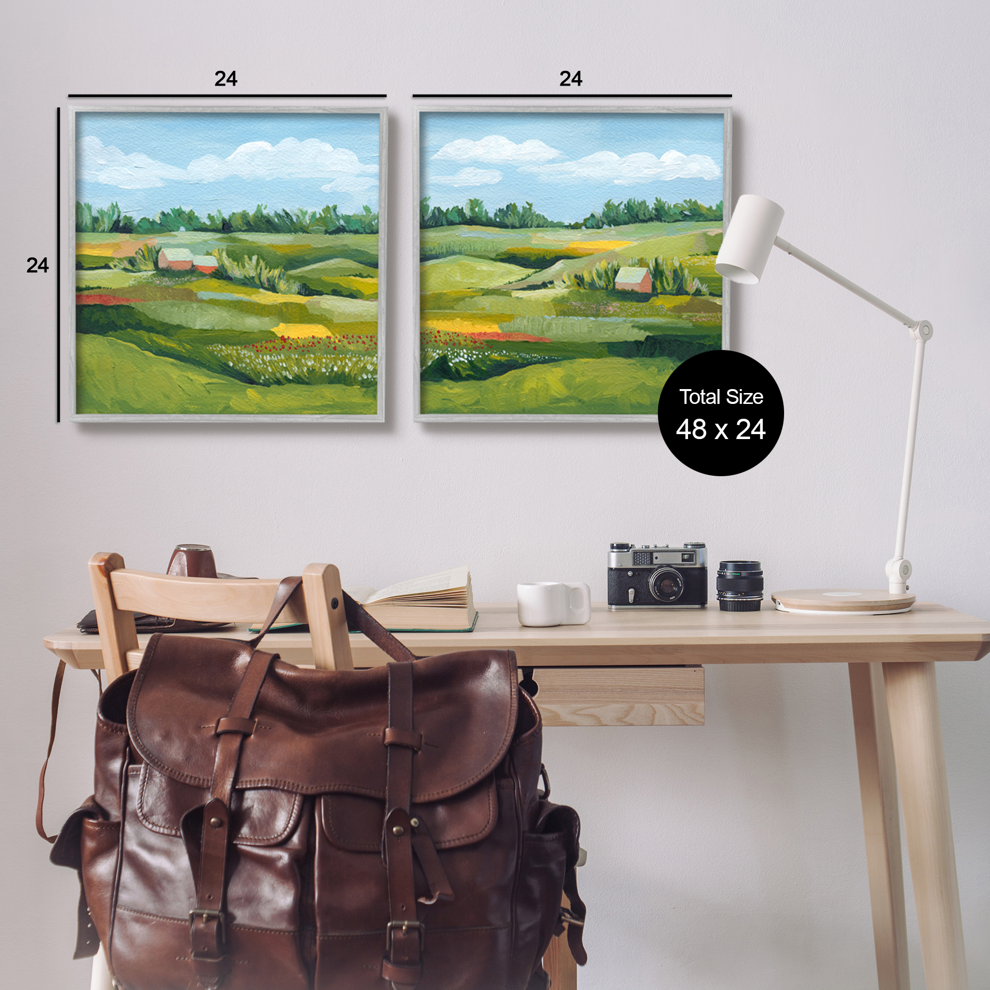 Stupell Rural Country Farm Pastures Landscape Painting Gray Framed Art Print Wall Art, Set of 2