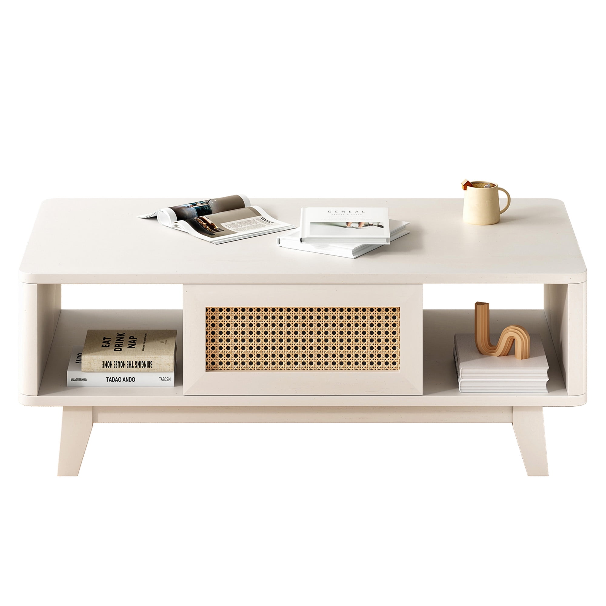 MAYEERTY 44"White Modern Square Wooden Coffee Table with Rattan Drawer for Living Room