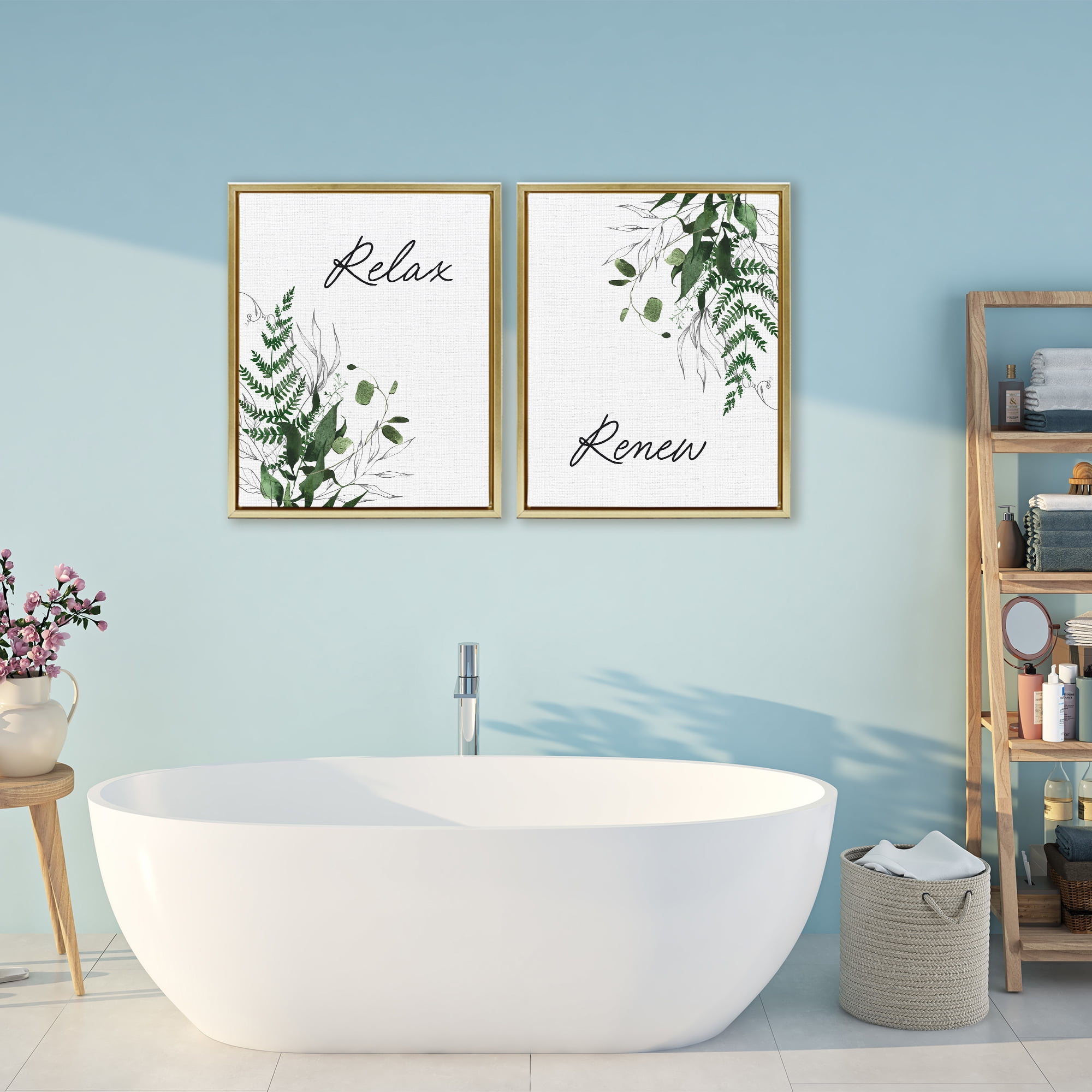 Relax Renew Botanical Leaves 2 Piece Gold Framed Floater Canvas Set, design by Lettered and Lined