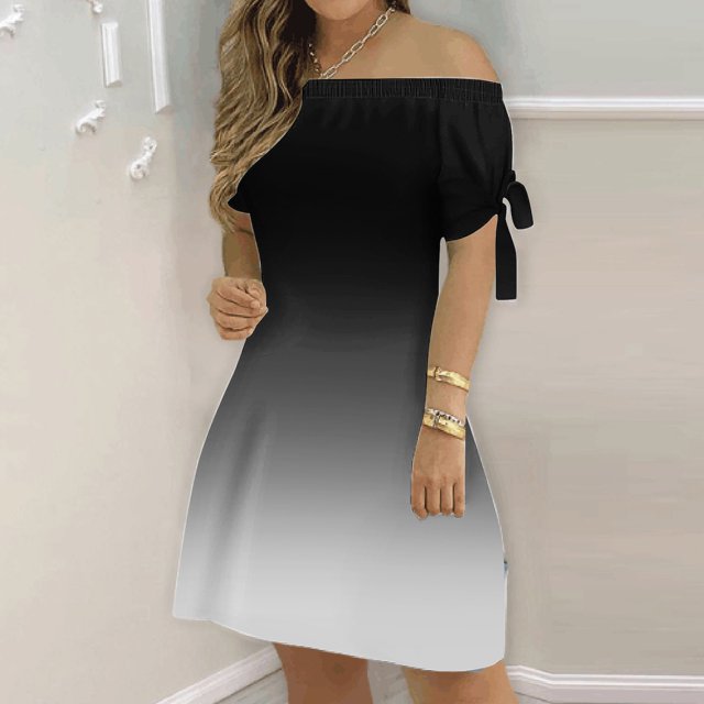 LOVZFMLL Robe pour Femmes Mode Été Aguichant à Épaules Dénudées Manches Courtes Imprimée avec Poches Noir G