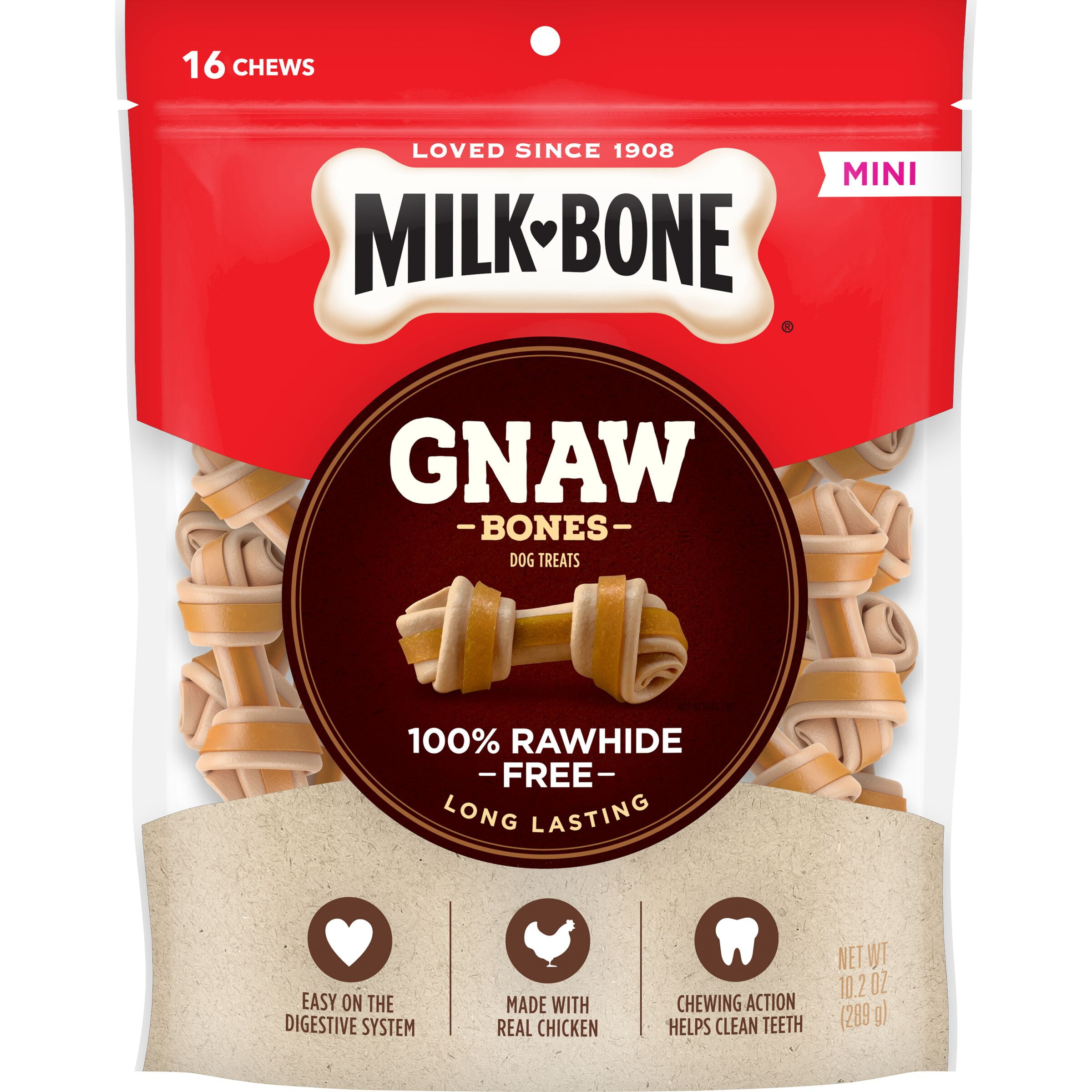 Milk-Bone GnawBones Rawhide Free Dog Chews With Real Chicken, Long-Lasting Mini Dog Treats, Bag of 16