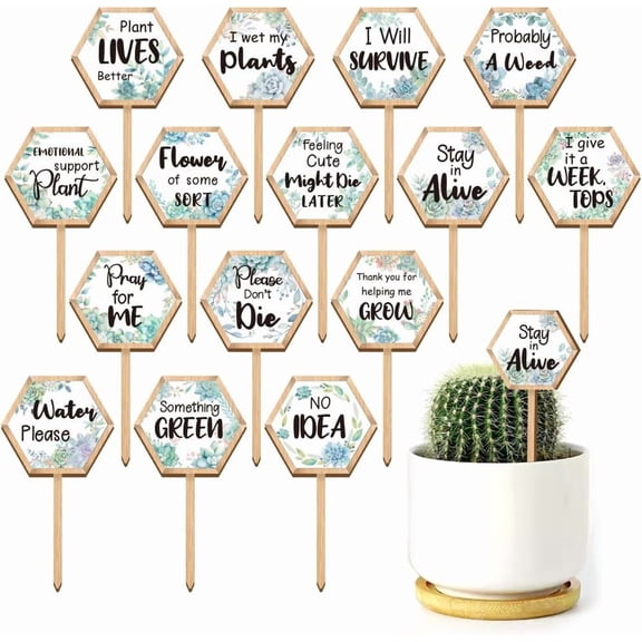 15 Pcs Hexagonal Funny Plant Markers Water Please Pray for Me Plant Labels Wood Greenery Garden Tags for Vegetable Flower Herb Succulent Seedling Potted 2.5x4.7 Inch Multi-color