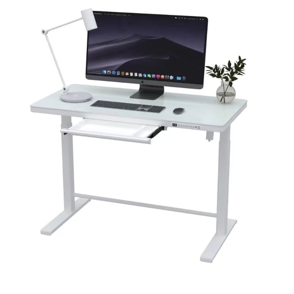 Rise Up Glass Electric Standing Desk | 45" White Glass Top Adjustable Height Sit Stand Desk with USB-C Charging & Memory Controls