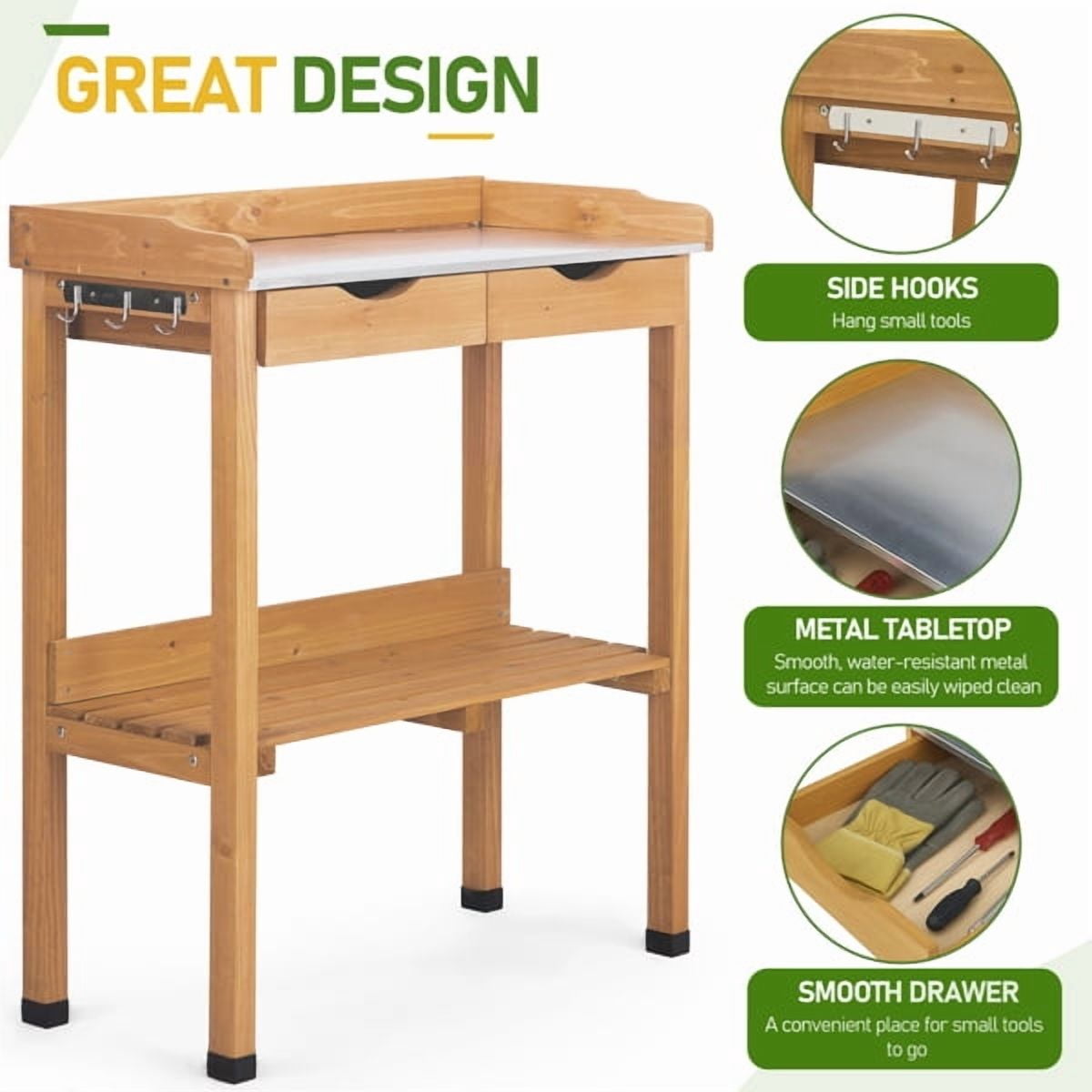 Outdoor Garden Potting Bench Table, Wooden Horticulture Planting Worstation with Metal Tabletop, 2 Drawers, Storage Shelf, 3 Hooks, Natural Wood