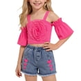thumbnail image 2 of Girls 2Pcs Skirts Sets Outfits Summer Off Shoulder Crewneck Tops and Denim Vintage Skirts Versatile Cute Bow Print Tops School Outfits Casual Children Clothes Age 2-8 Years Pink 6-7Years, 2 of 7